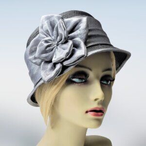 Grey Dress Hat Church Hat with Satin Flower Rosette One Size